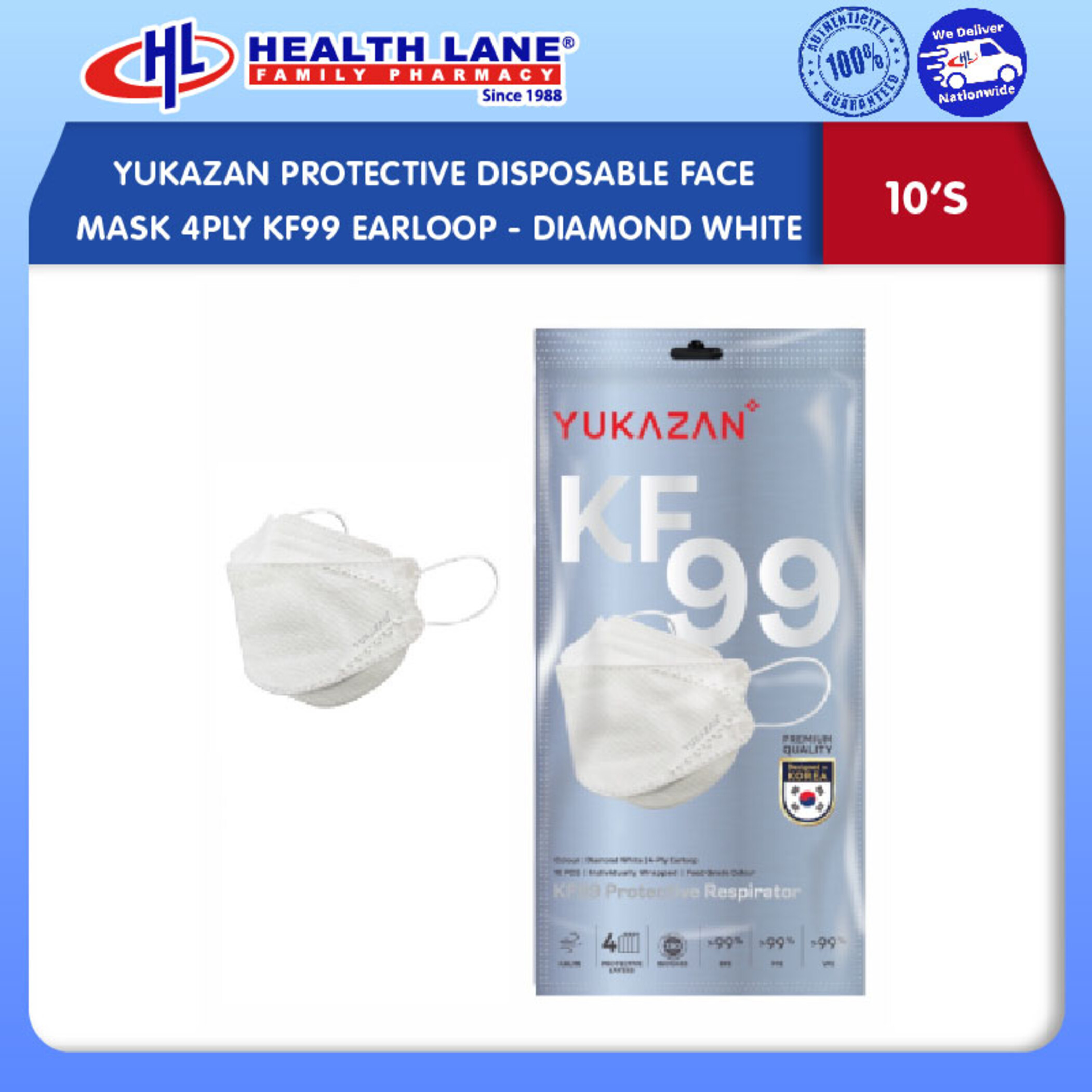 YUKAZAN PROTECTIVE DISPOSABLE FACE MASK 4PLY KF99 EARLOOP 10'S- DIAMOND WHITE